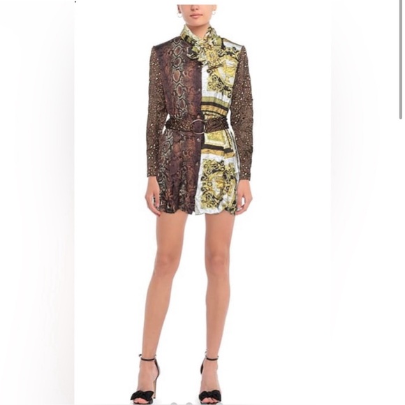 Versace Signature-Prints Patchwork Wrinkle-detail Mini Shirt-dress SZ 44EU/8US - Picture 2 of 16